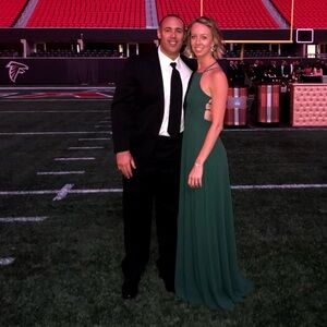 Lulus dress, crossed back, floor length gown, worn once